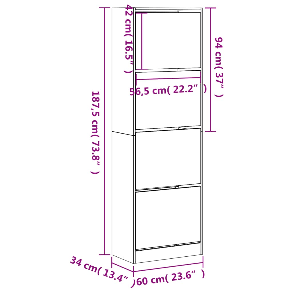 Ormarić za cipele s 4 preklopne ladice bijeli 60x34x187,5 cm