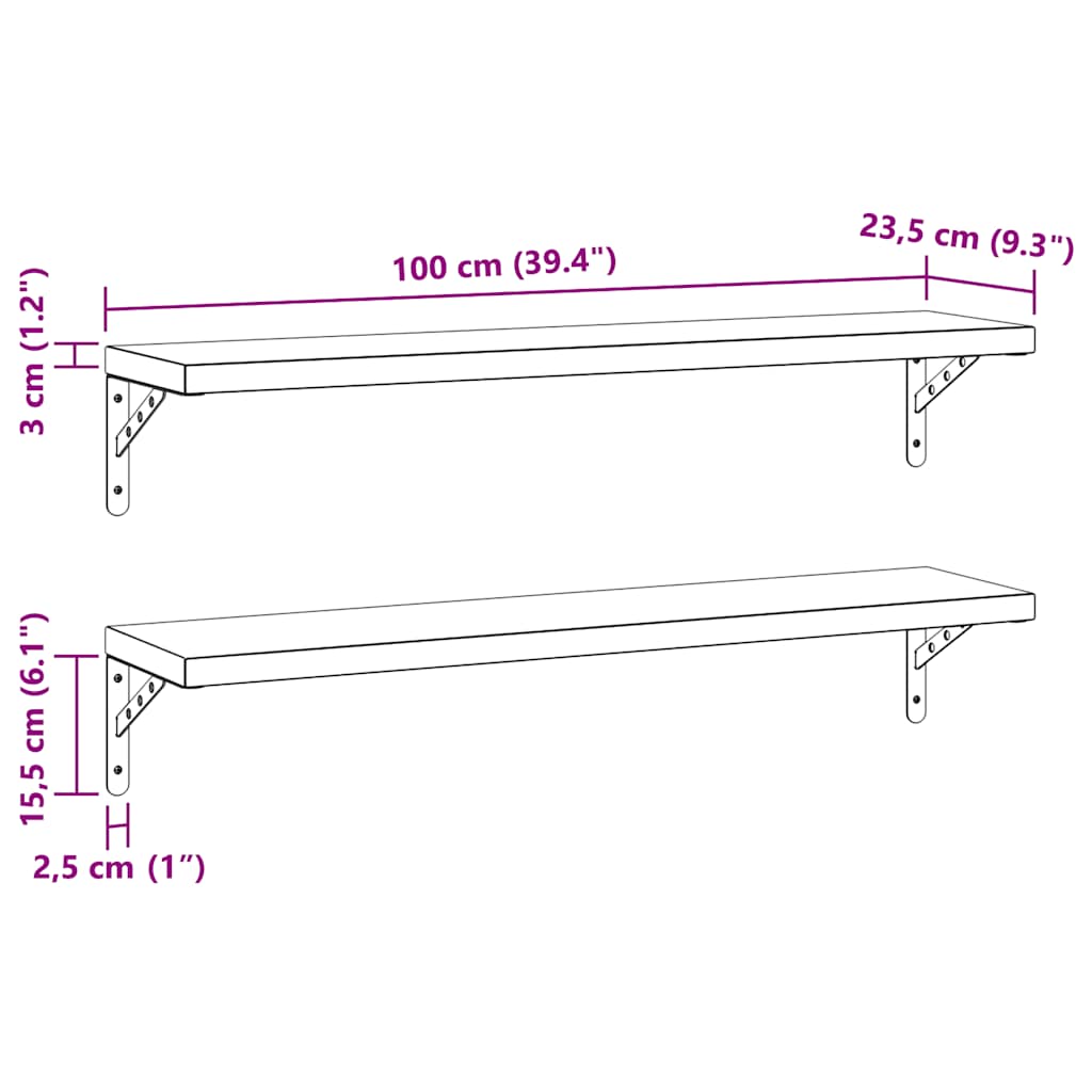 Zidne police 2 kom 100 x 23,5 cm crne nehrđajući čelik
