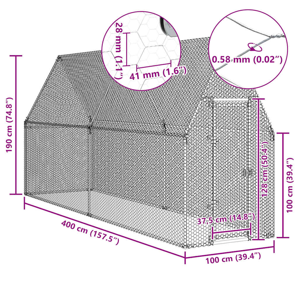 Kavez za kokoši srebrni 400 x 100 x 190 cm od pocinčanog čelika