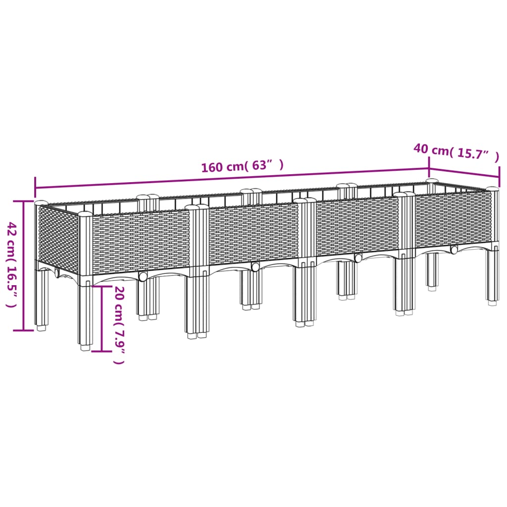 Vrtna sadilica s nogama crna 160 x 40 x 42 cm PP