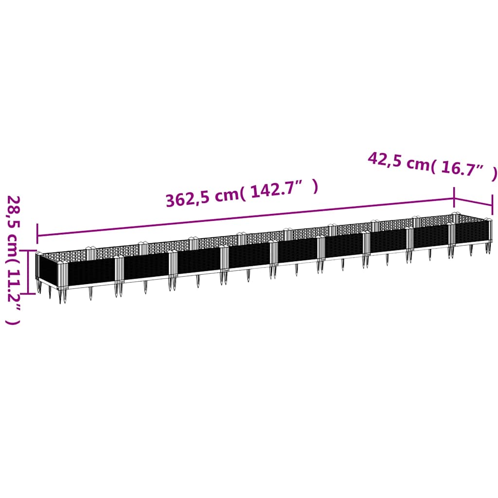 Vrtna sadilica s klinovima plava siva 362,5x42,5x28,5 cm PP