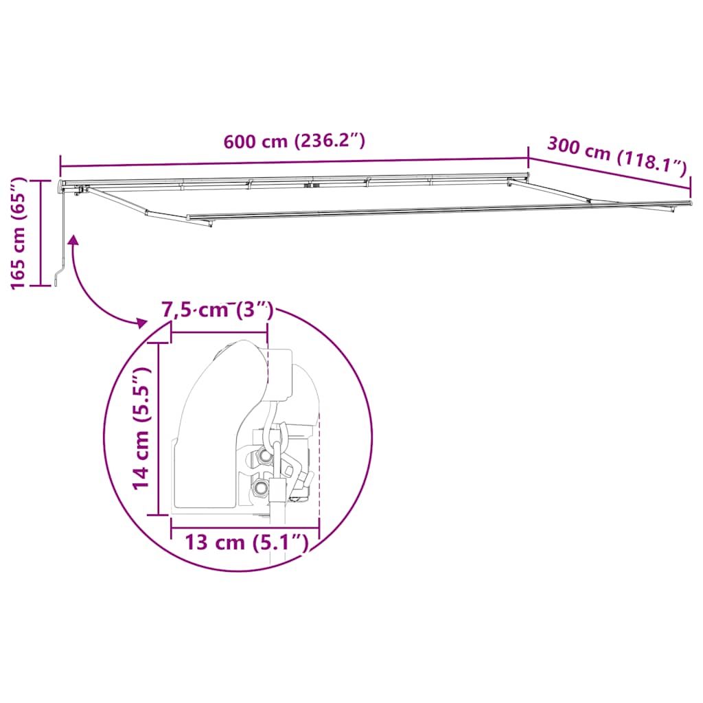 Tenda na ručno uvlačenje bordo 600 x 300 cm