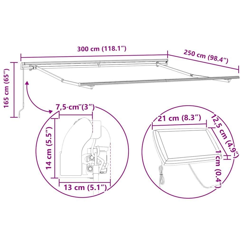 Tenda na ručno uvlačenje s LED smeđa 300 x 250 cm