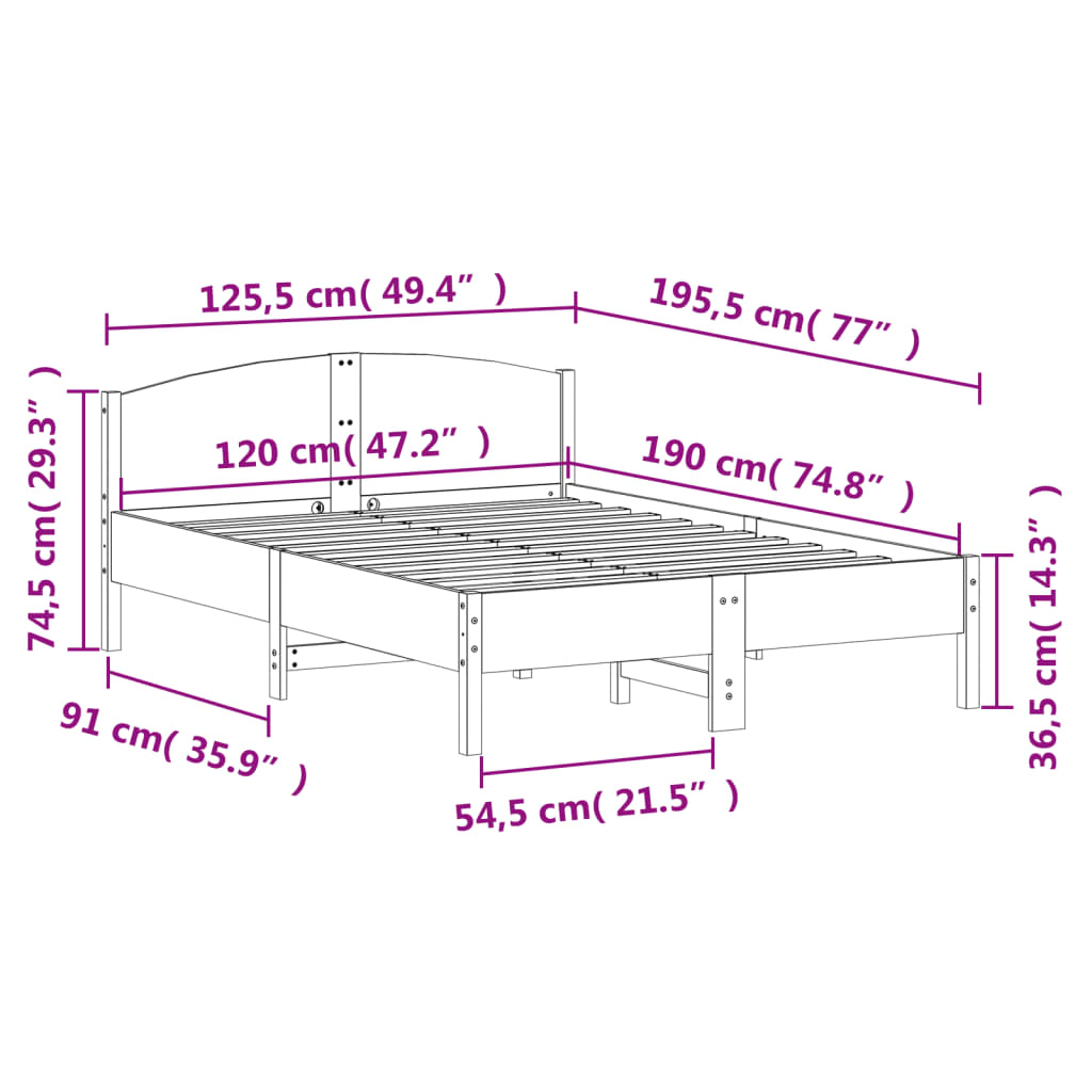Okvir kreveta bez madraca bijeli 120 x 190 cm masivna borovina