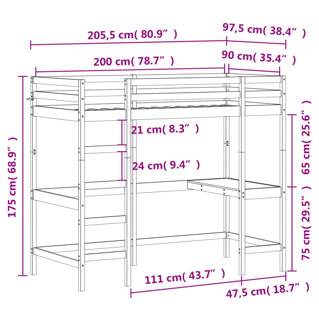 Krevet na kat s radnim stolom bijeli 90 x 200 cm od borovine