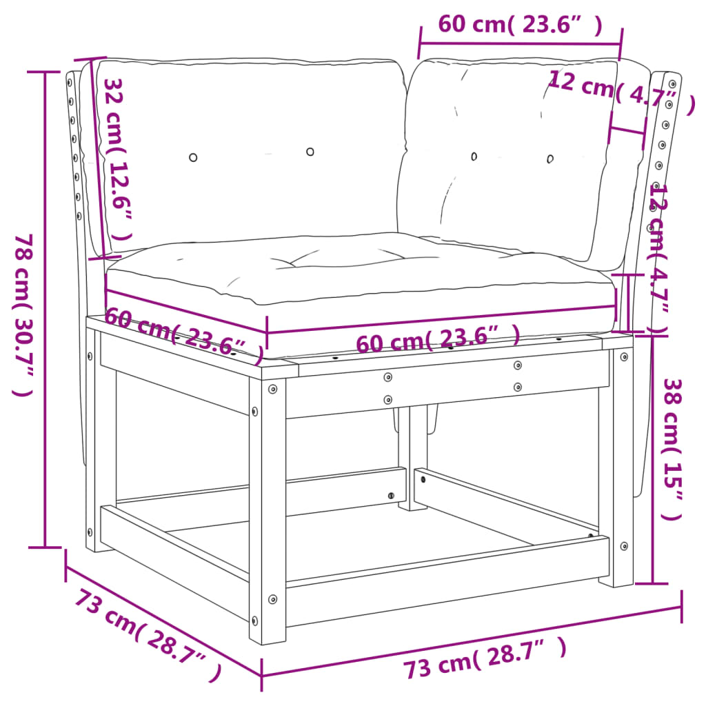 Kutna vrtna sofa s jastucima 73x73x78 cm od masivne borovine