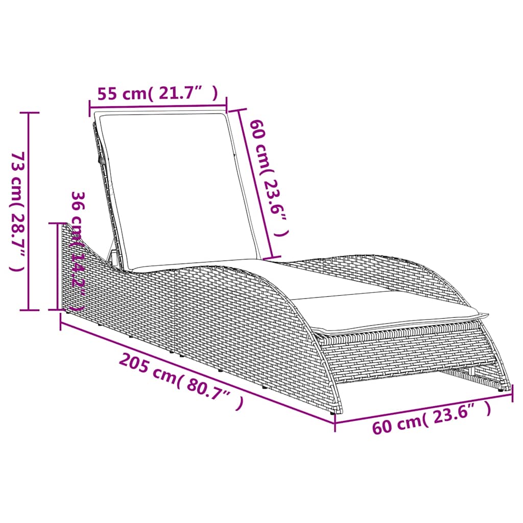 Ležaljka s jastukom siva 60x205x73 cm poli ratan