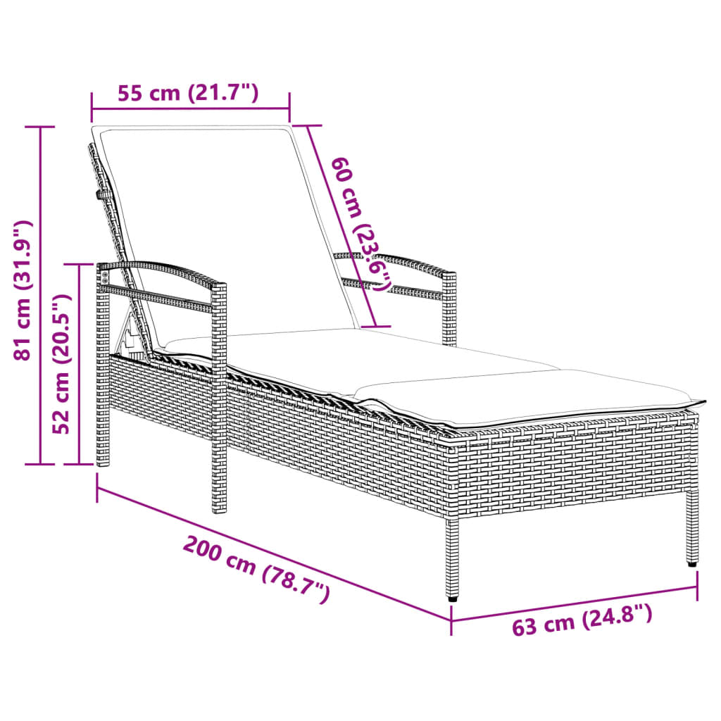 Ležaljka za sunčanje s jastukom bež 63x200x81 cm poliratan