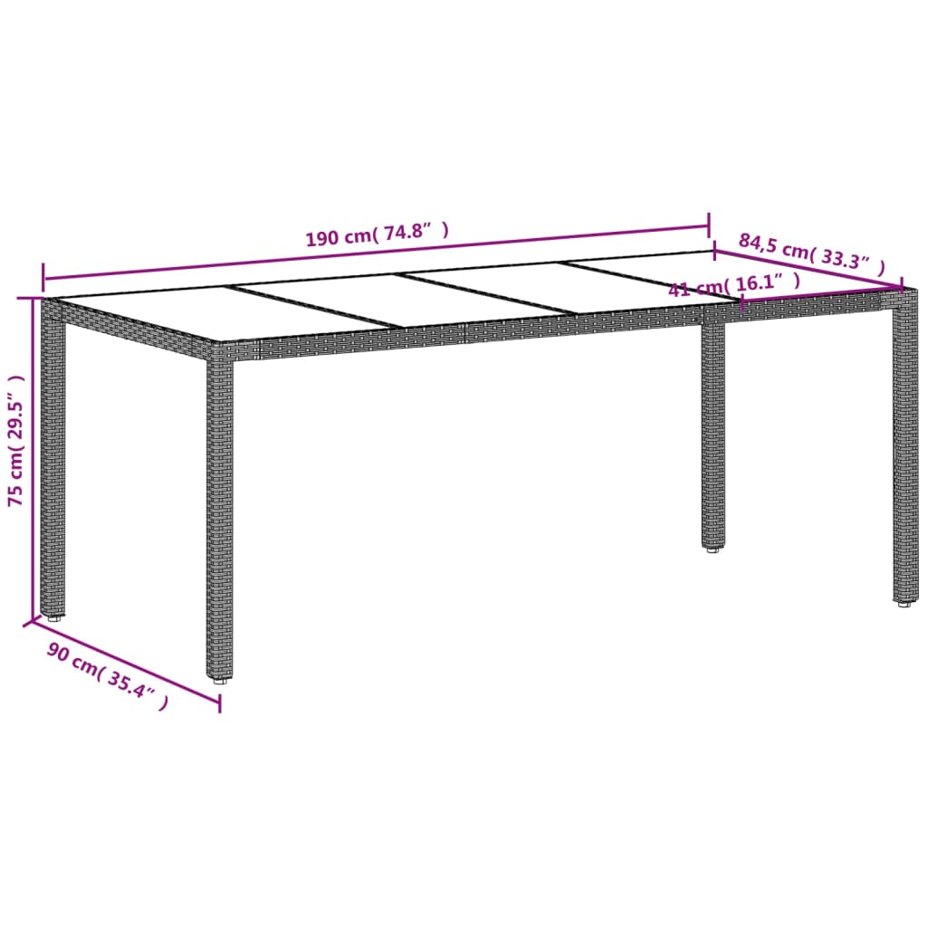 Vrtni stol sa staklenom pločom sivi 190x90x75 cm od poliratana