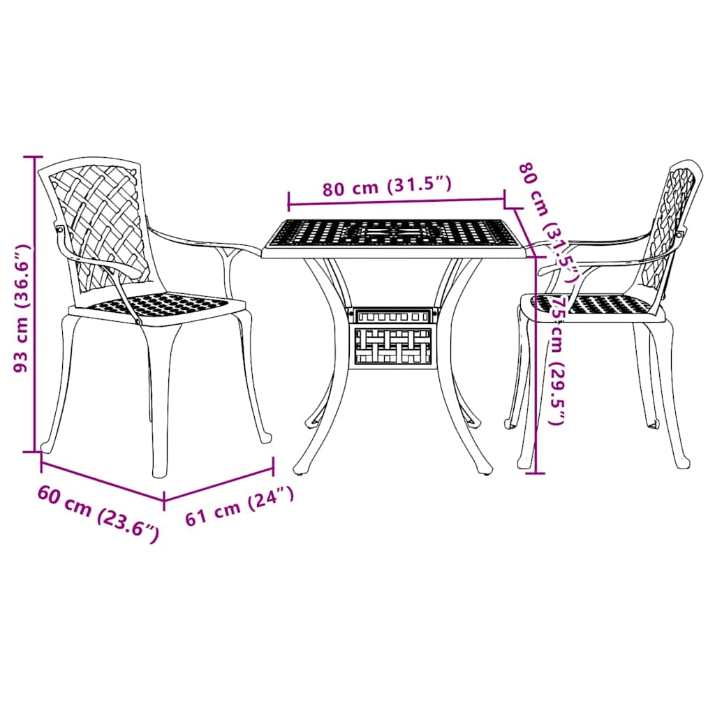 3-dijelni bistro set crni od lijevanog aluminija