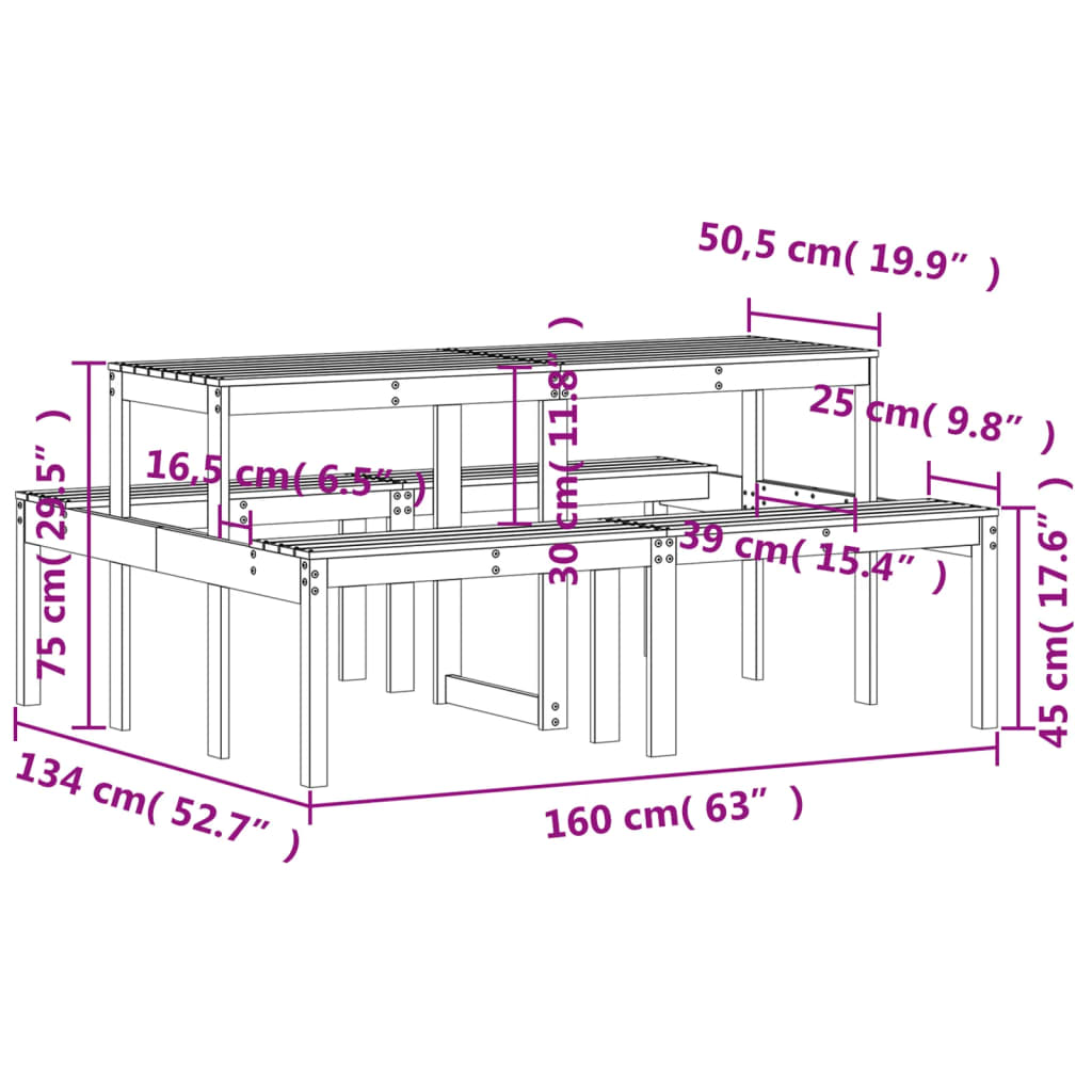 Stol za piknik bijeli 160 x 134 x 75 cm od masivne borovine