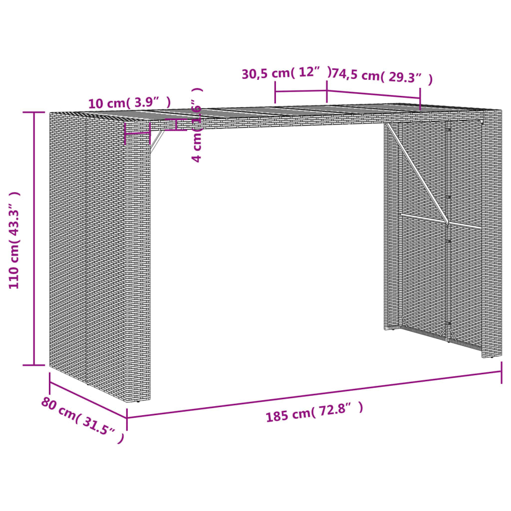 Vrtni barski stol s drvenom pločom crni 185x80x110 cm poliratan