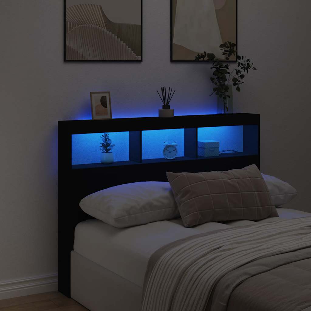 Ormarić za uzglavlje s LED svjetlima crni 140 x 17 x 102 cm
