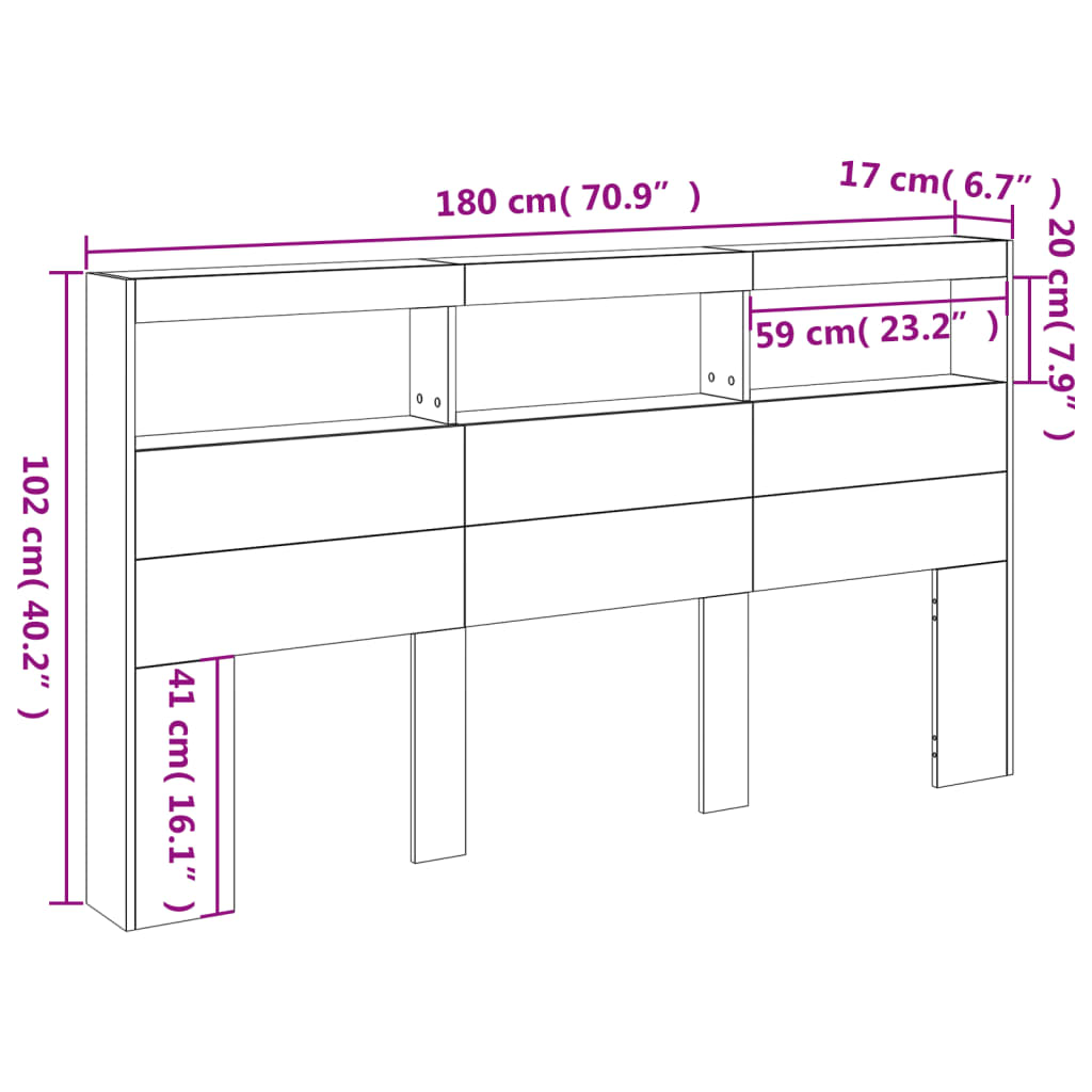 Ormarić za uzglavlje s LED svjetlima boja hrasta 180x17x102 cm