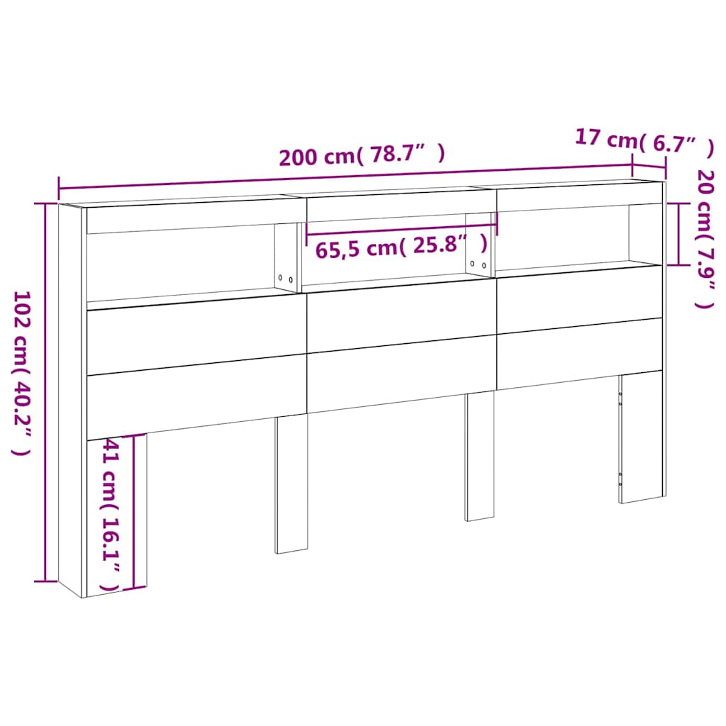 Ormarić za uzglavlje s LED svjetlima crni 200 x 17 x 102 cm
