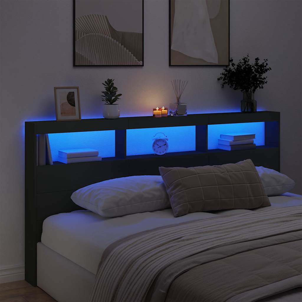 Ormarić za uzglavlje s LED svjetlima crni 200 x 17 x 102 cm