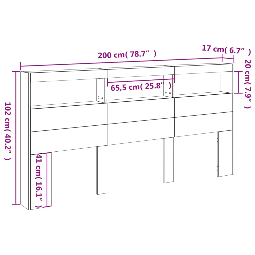 Ormarić za uzglavlje LED svjetlima boja betona 200x17x102 cm