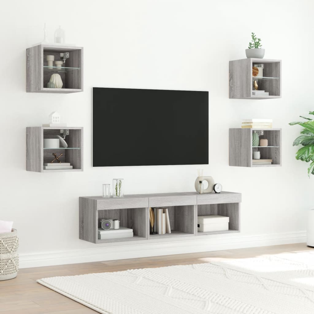 7-dijelni zidni TV elementi s LED svjetlima boja sivog hrasta