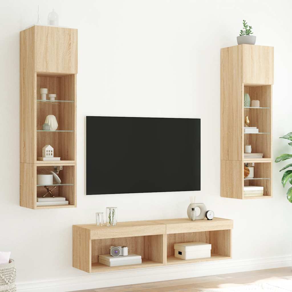 6-dijelni zidni TV elementi s LED svjetlima boja hrasta drveni