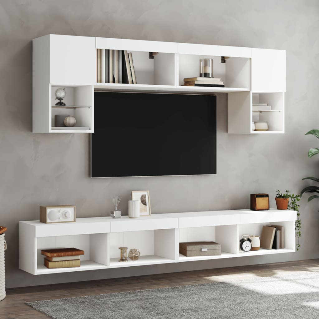 6-dijelni zidni TV elementi s LED svjetlima bijeli drveni