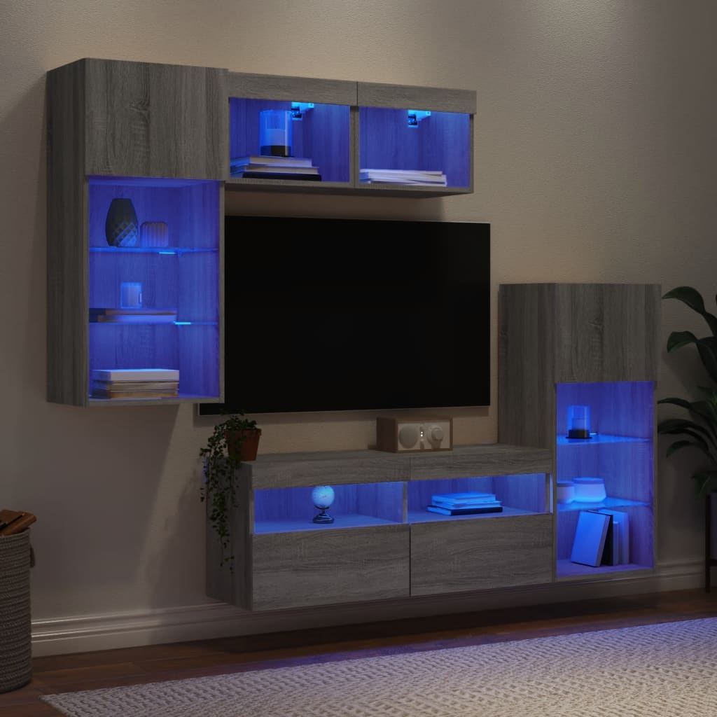 5-dijelni zidni TV elementi s LED svjetlima boja sivog hrasta