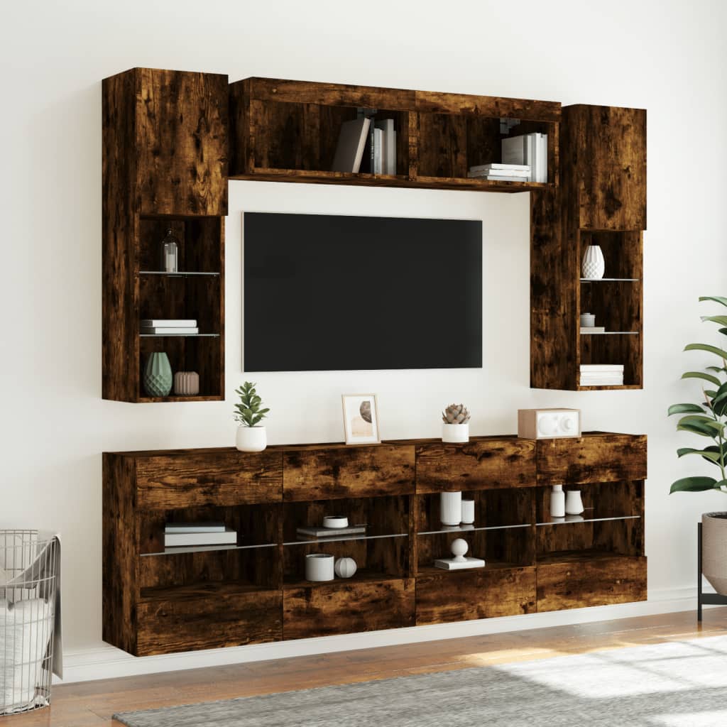 6-dijelni set zidnih TV ormarića LED boja dimljenog hrasta