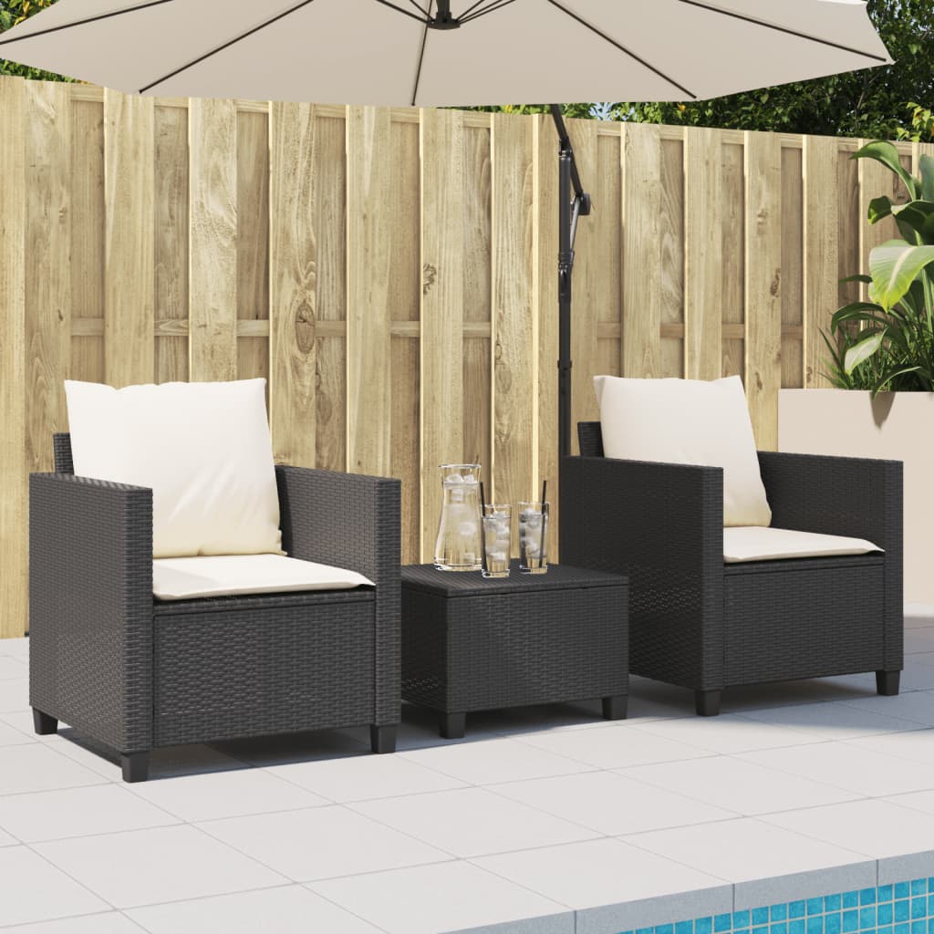 3-dijelni bistro set s jastucima crni od poliratana