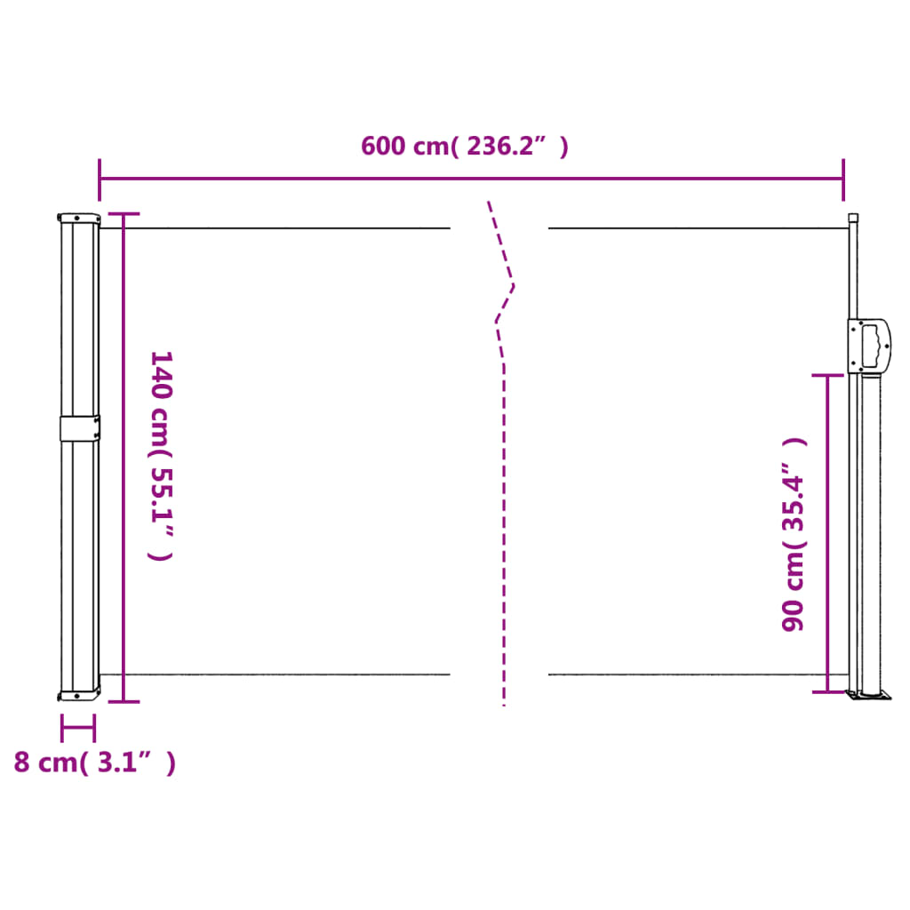 Uvlačiva bočna tenda 140 x 600 cm crvena