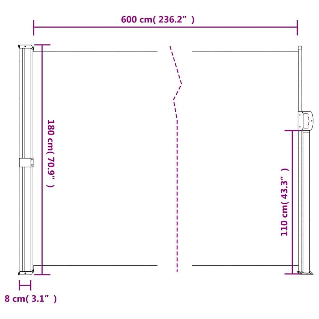 Uvlačiva bočna tenda crna 180 x 600 cm