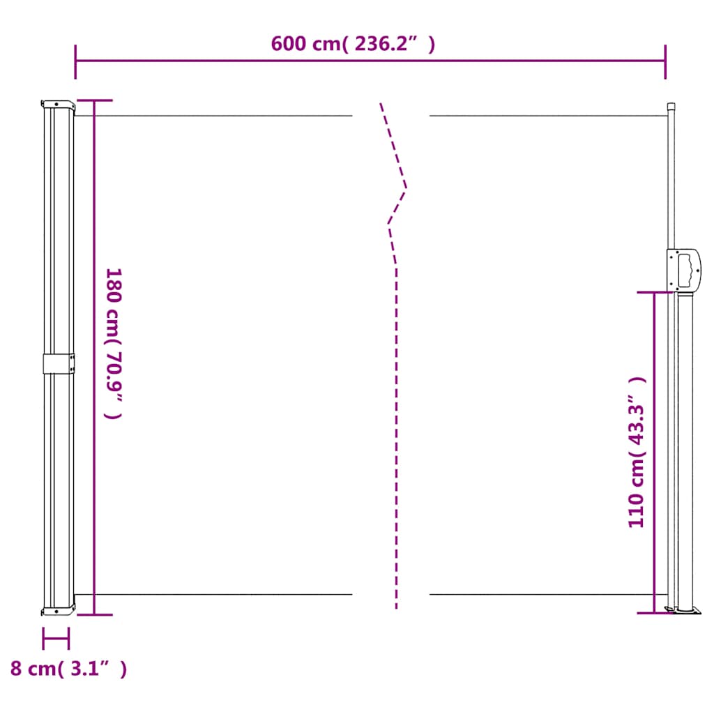 Uvlačiva bočna tenda smeđa 180 x 600 cm