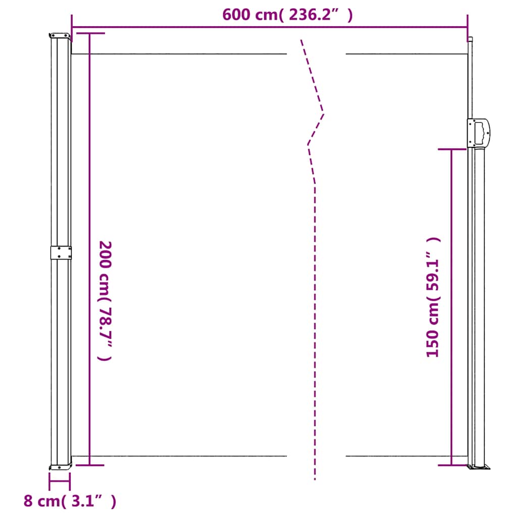 Bočna tenda na uvlačenje crna 200 x 600 cm