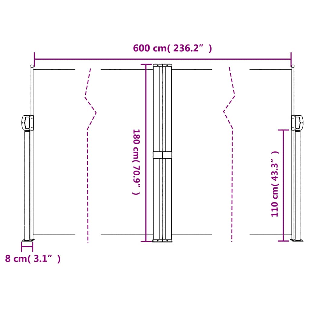 Uvlačiva bočna tenda crna 180 x 600 cm