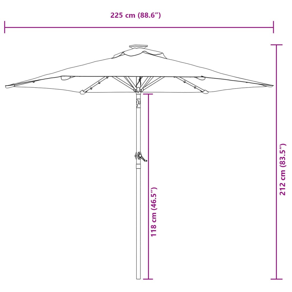 Vrtni suncobran s čeličnom šipkom LED antracit 225x225x212 cm