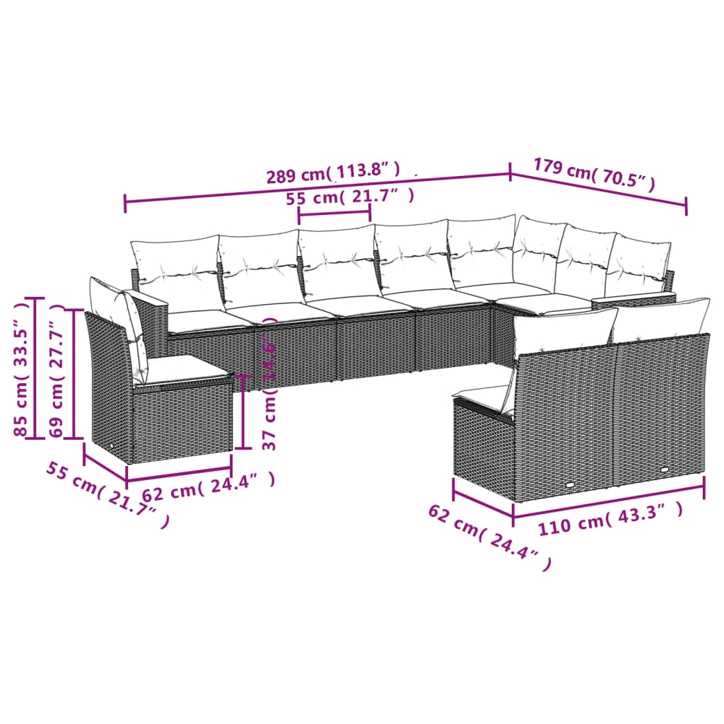 10-dijelni set vrtnih sofa s jastucima crni od poliratana
