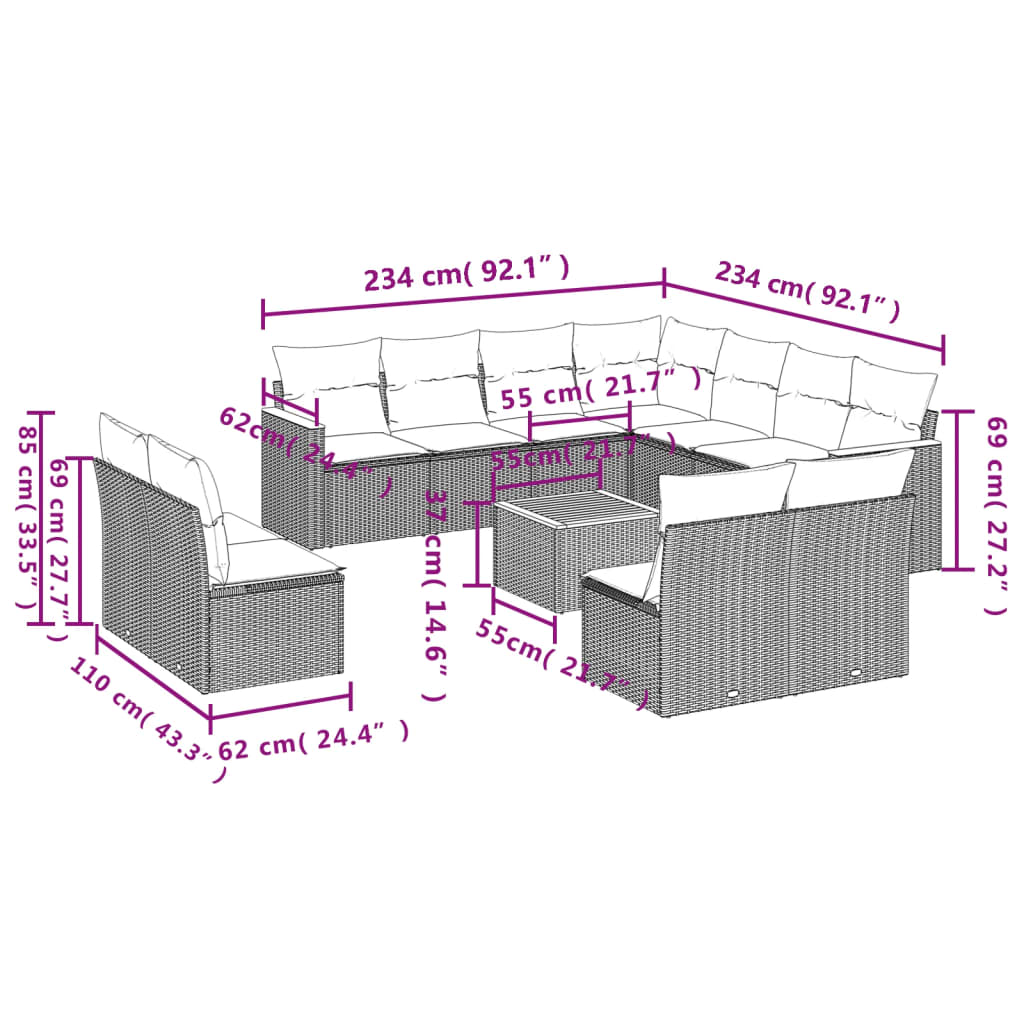 12-dijelni set vrtnih sofa od poliratana s jastucima crni