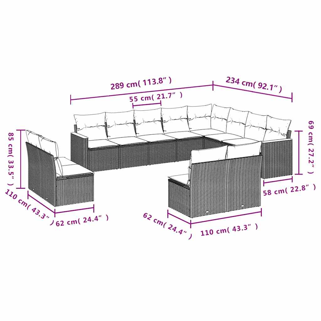 12-dijelni set vrtnih sofa od poliratana s jastucima crni