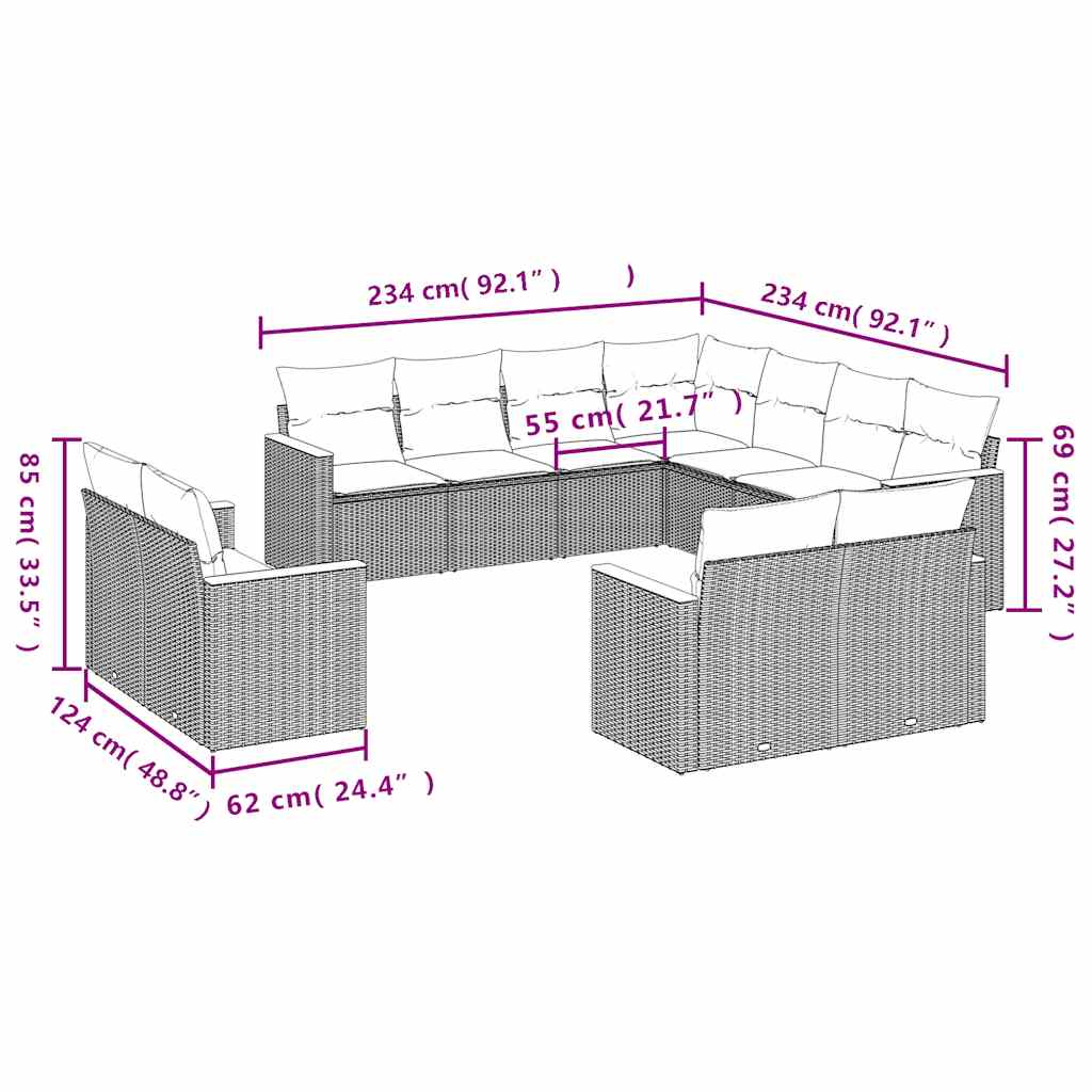 11-dijelni set vrtnih sofa od poliratana s jastucima crni