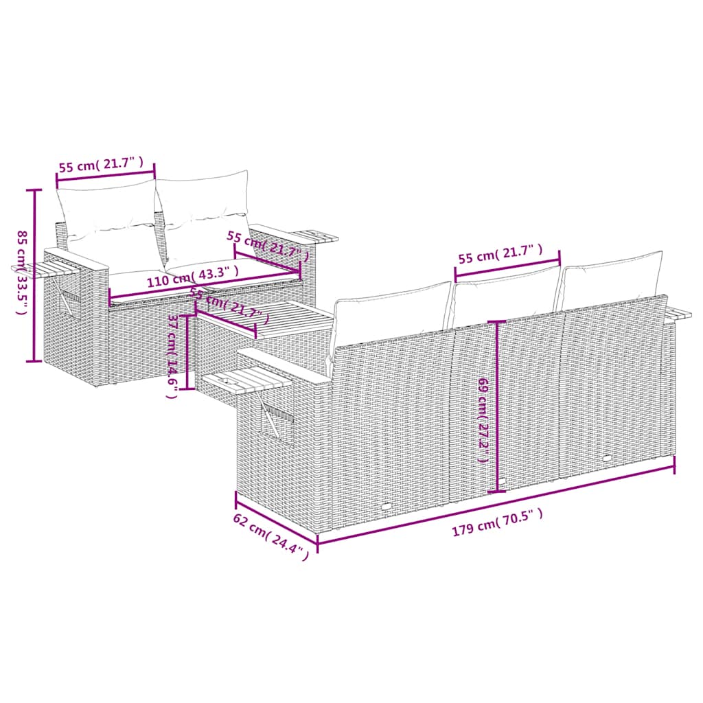 6-dijelni set vrtnih sofa s jastucima bež od poliratana 85 x 62 x 69 cm