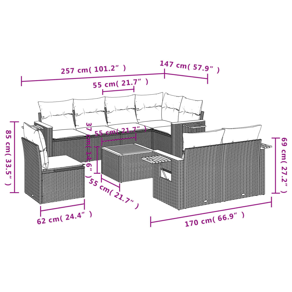 9-dijelni set vrtnih sofa od poliratana s jastucima crni