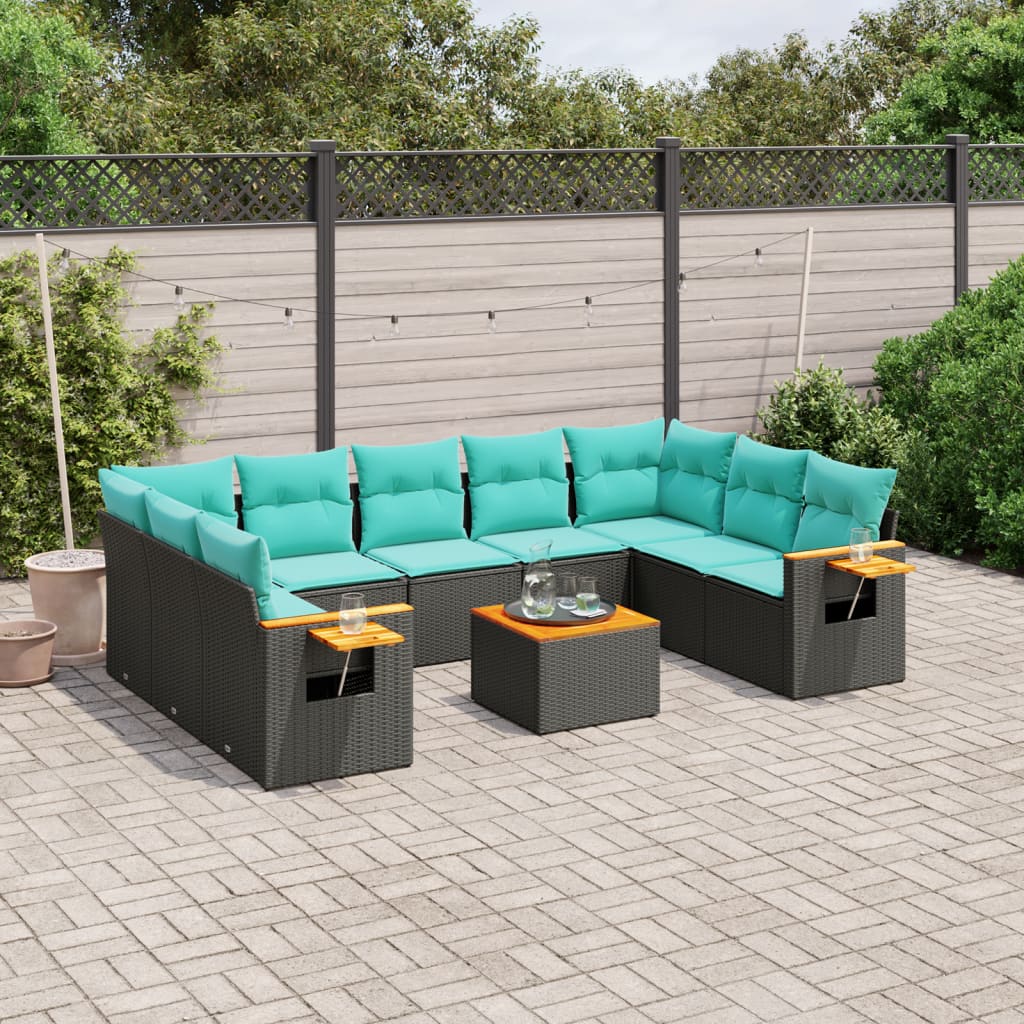 10-dijelni set vrtnih sofa od poliratana s jastucima crni