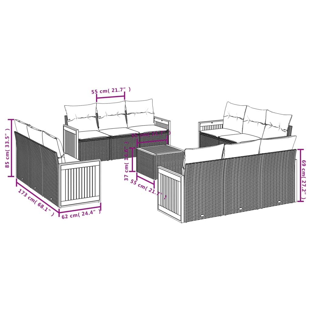 13-dijelni set vrtnih sofa s jastucima poliratan crni