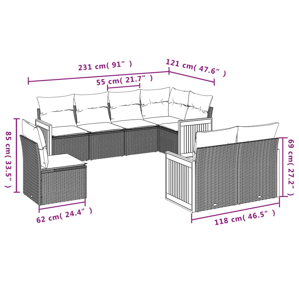 8-dijelni set vrtnih sofa od poliratana s jastucima sivi