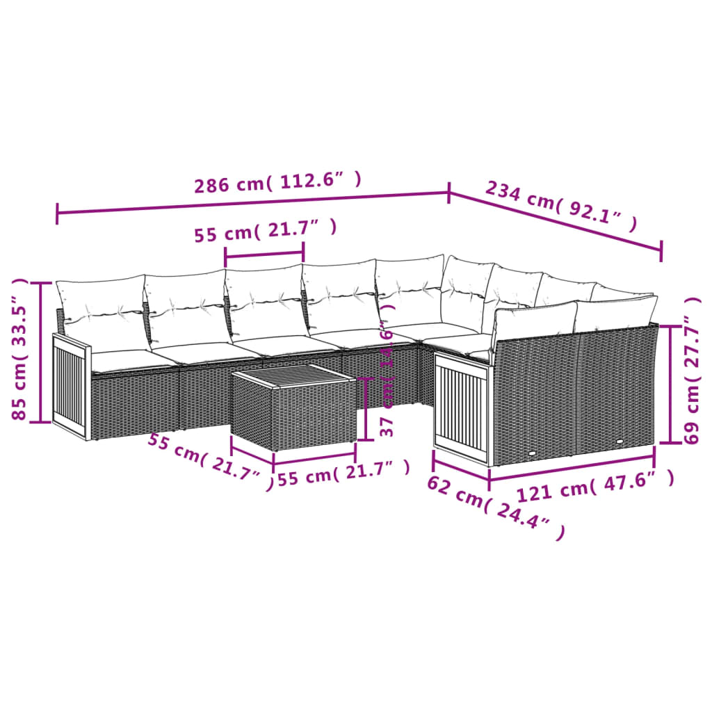 10-dijelni set vrtnih sofa s jastucima crni od poliratana