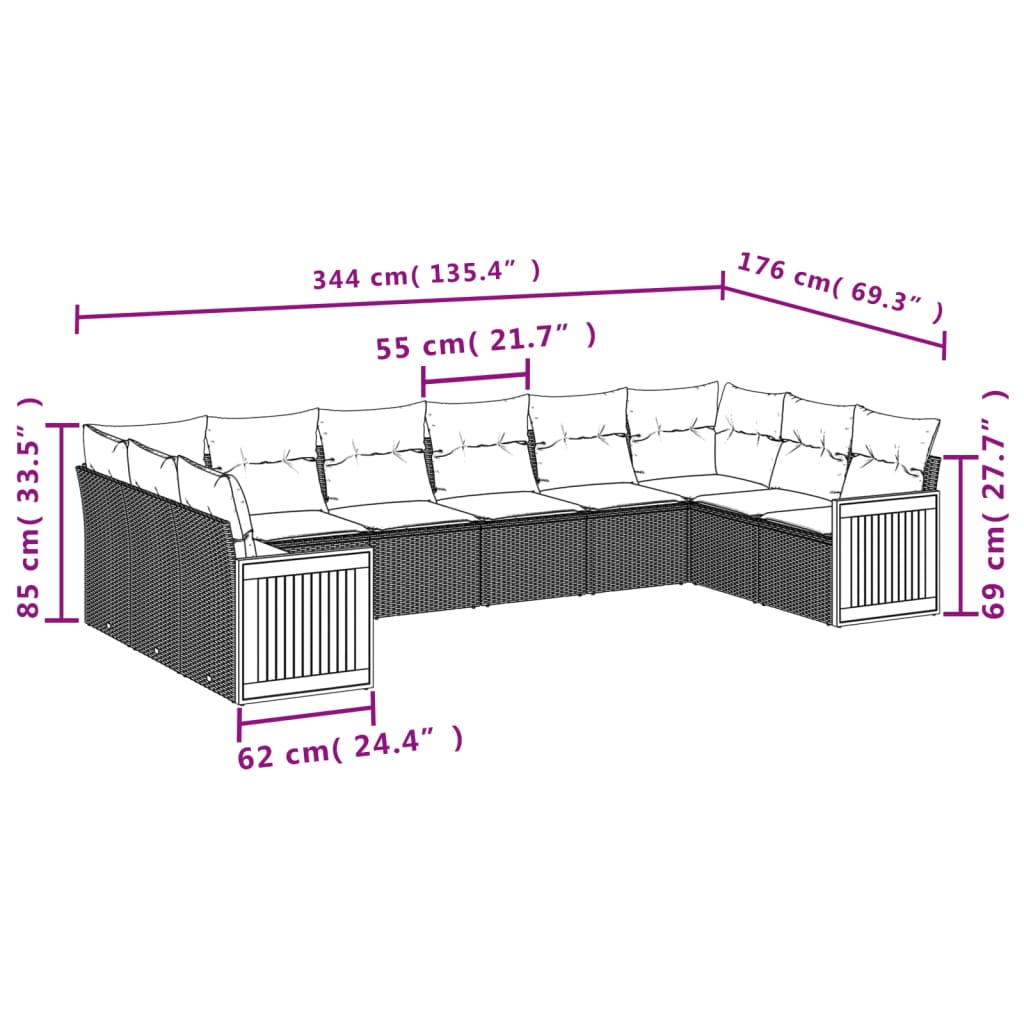 10-dijelni set vrtnih sofa s jastucima bež od poliratana