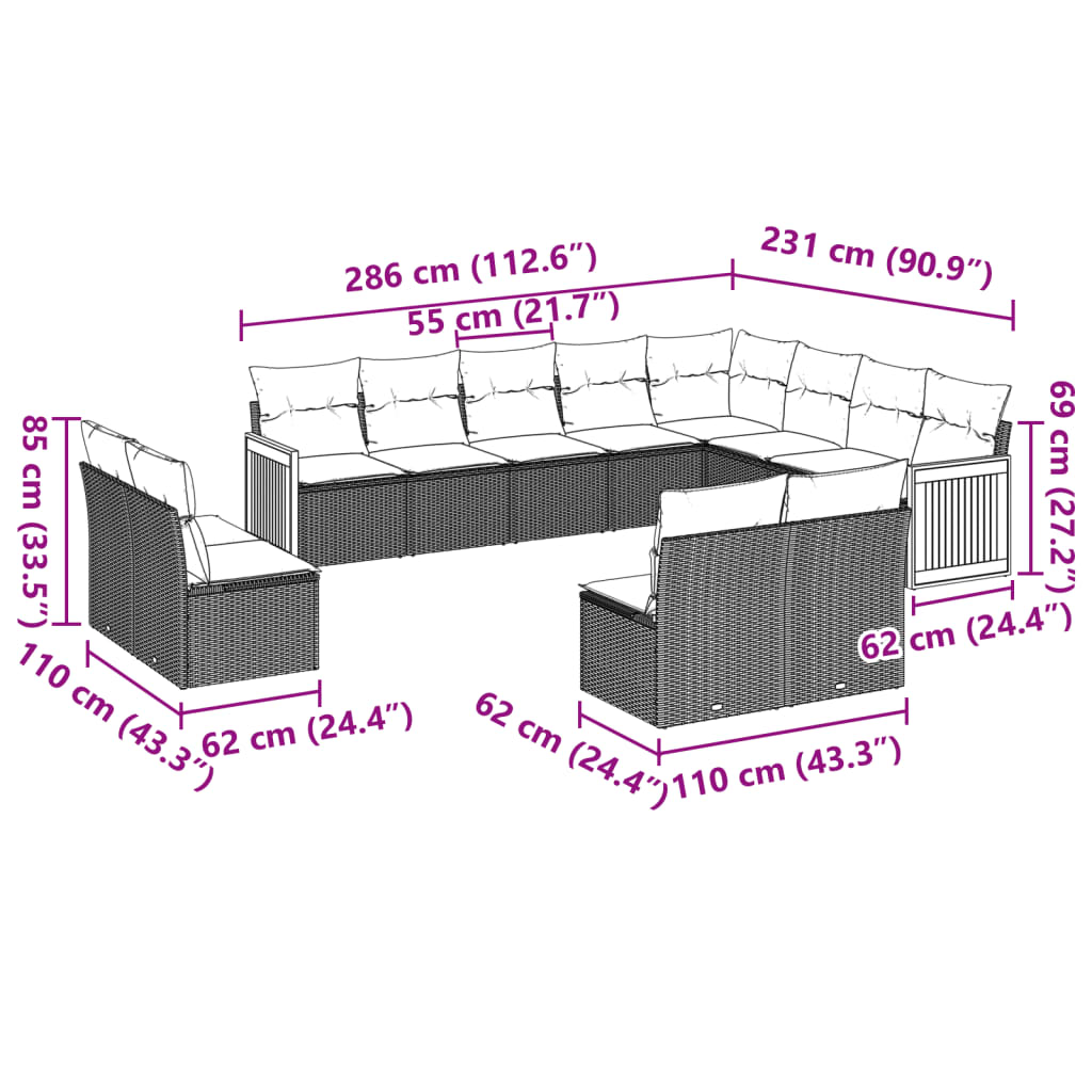 12-dijelni set vrtnih sofa od poliratana s jastucima crni