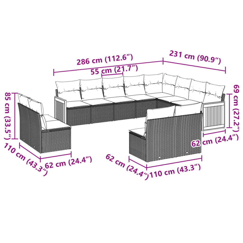 12-dijelni set vrtnih sofa od poliratana s jastucima bež