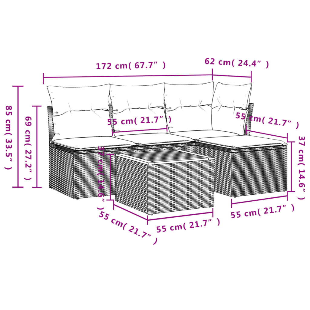 5-dijelni vrtni set sofa s jastucima bež od poliratana