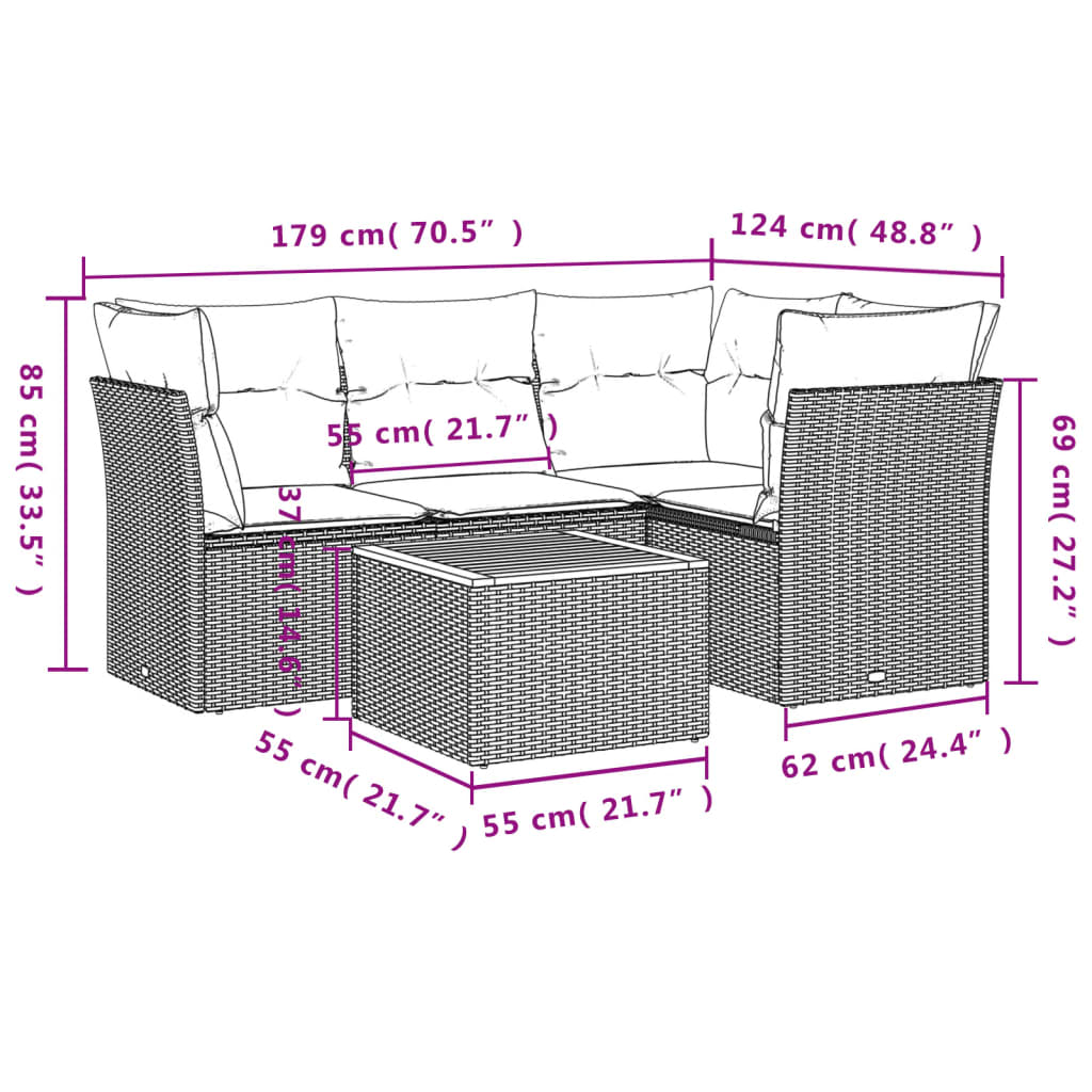 5-dijelni vrtni set sofa s jastucima bež od poliratana
