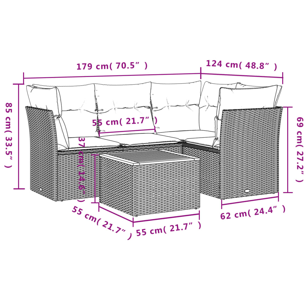 5-dijelni vrtni set sofa s jastucima bež od poliratana