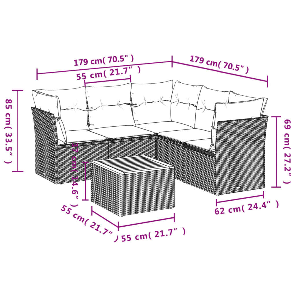 6-dijelni set vrtnih sofa s jastucima crni od poliratana